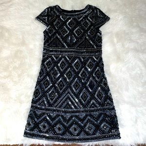 Adrianna Papell beaded black midi short sleeve dress size 12P, great condition